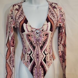 Free People Pink and Purple Asymmetrical Tie Front Bodysuit